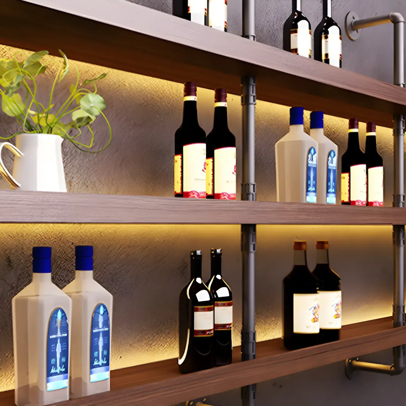 Brown Pine Wood Wall-Mounted Wine Rack with Light