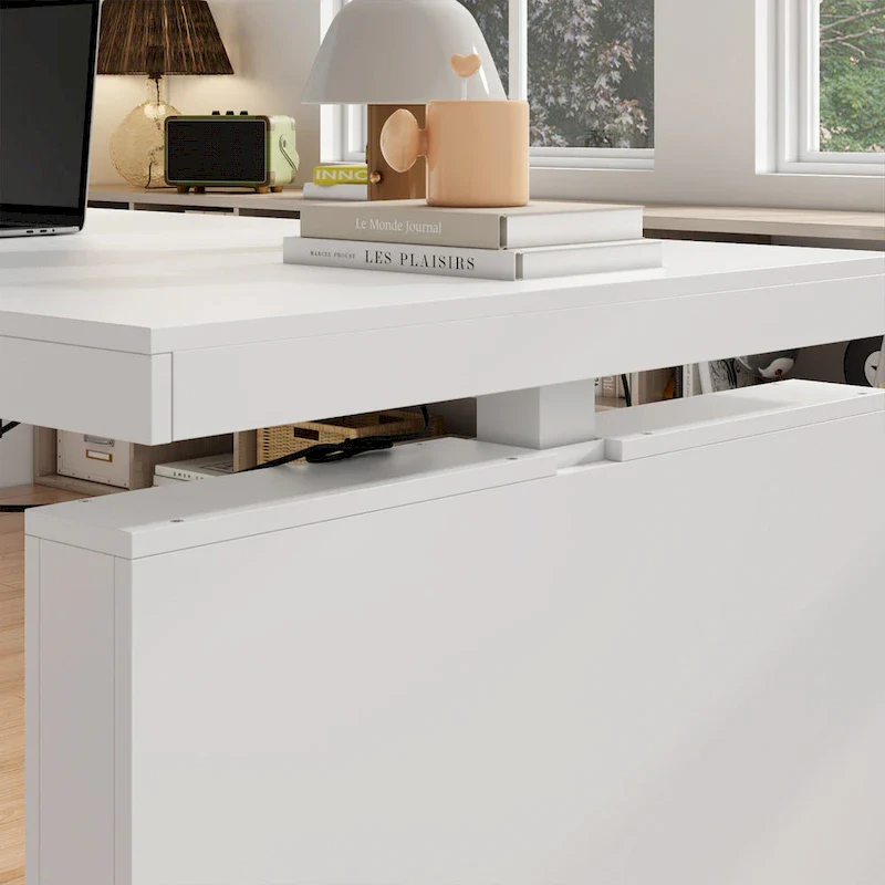 Ergonomic Sit-Stand Desk Pure White Elegance with Side Cabinet Table