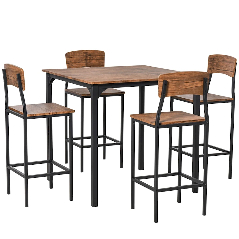 Modern Style 5-Piece Dining Set with Square Counter Height Bar Table and 4 Footrest Open Back Dining Chairs