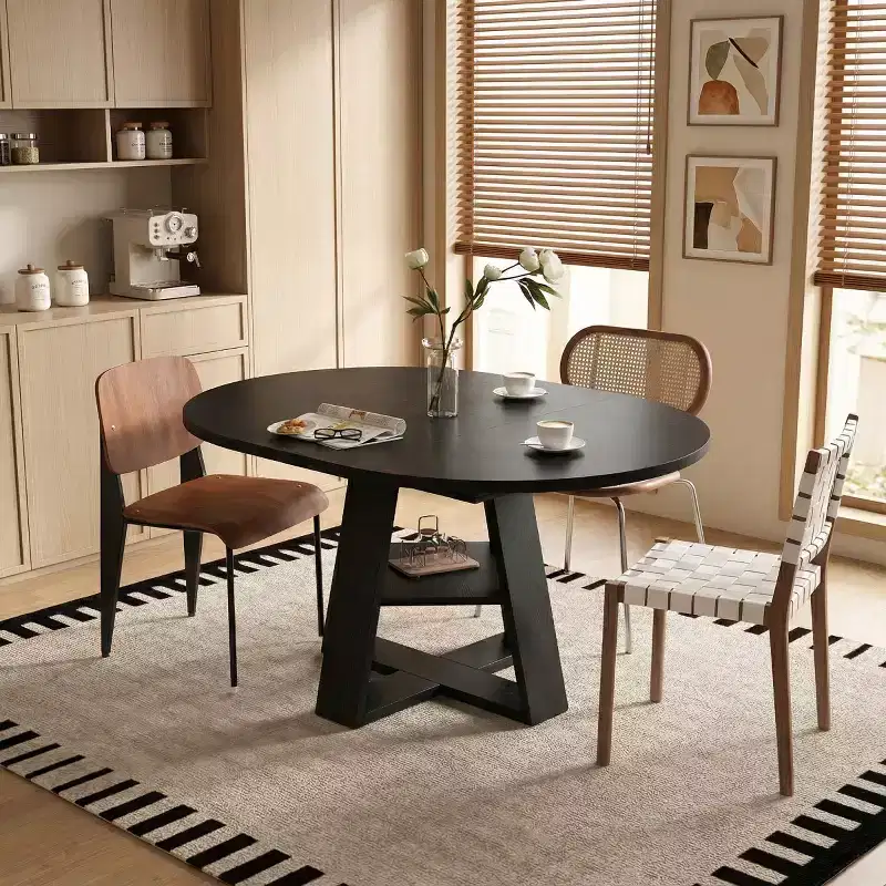Modern Round Extendable Dining Table for 48, Removable Leaves, Dining Room Table with Storage Shelf for Kitchen or Living Room-Panipeachy