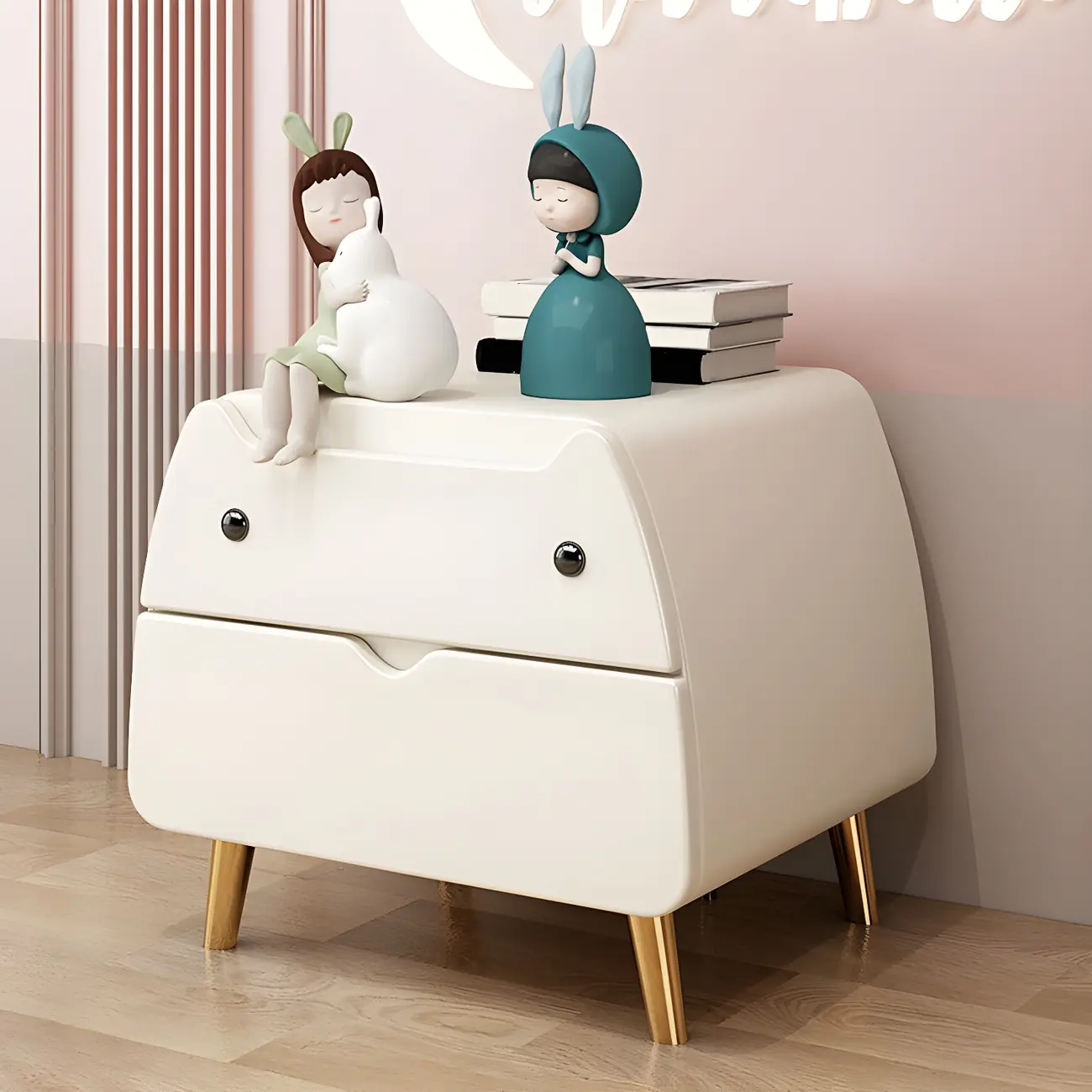 Pink Cute Cat Shape Scandinavian Nightstand with 2 Drawers