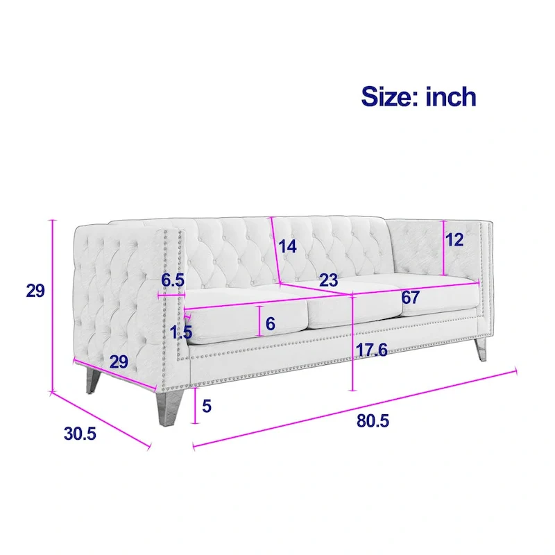 2-Pieces Velvet Upholstered 3 Seat Sofa, Classic Chesterfield Couch Buttons Tufted Square Arm Sofa with Nailheads and Metal Legs