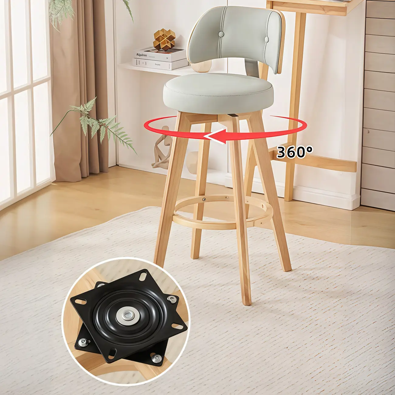 Natural Wood Round Leather Swivel Bar Stools