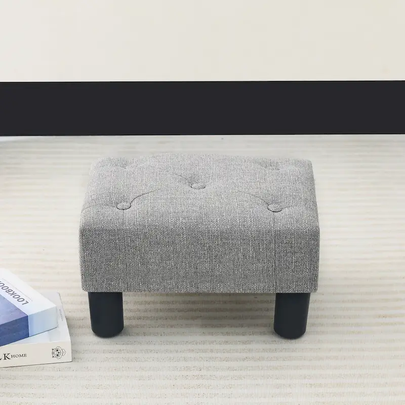 Adeco Button Tufted Linen Foot Stool Rectangular Small Ottoman