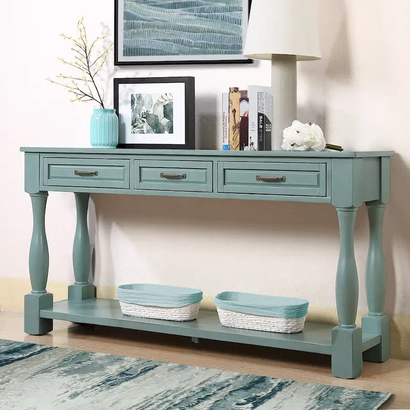 Long Wood Console Table with 3 Drawers and 1 Bottom Shelf