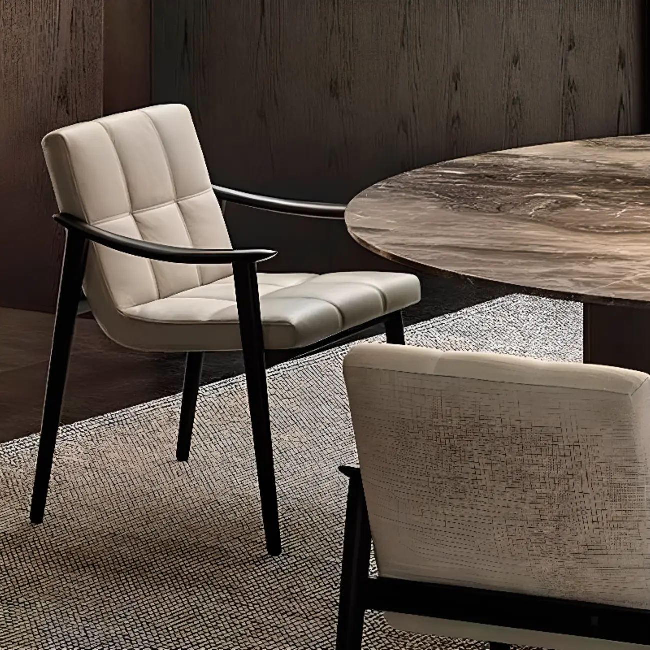 White Tufted Upholstered Wood Dining Chairs With Armrest