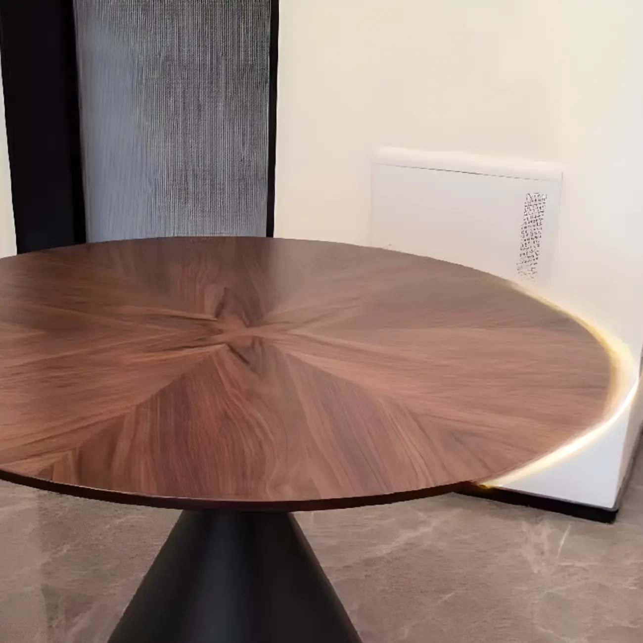 Modern Brown Round Wood Metal Cone Base Dining Table