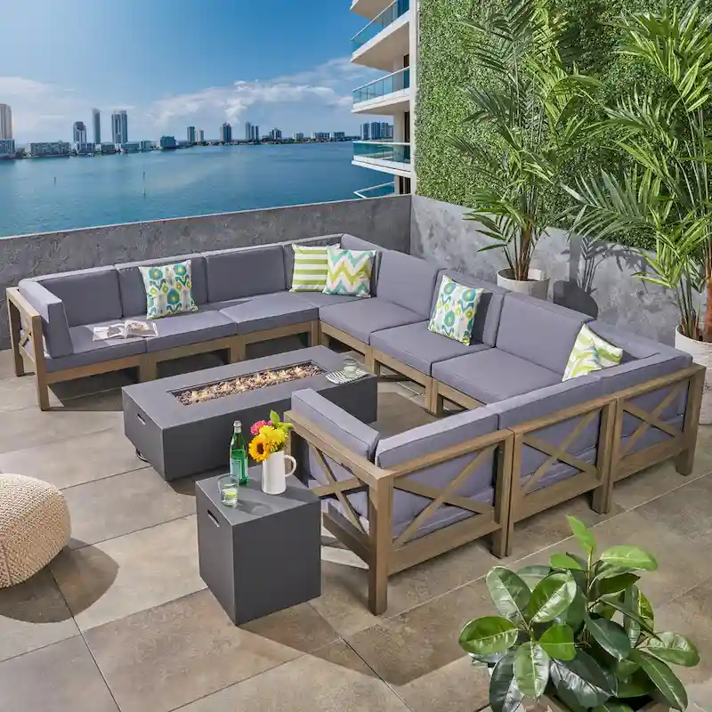Brava Outdoor Acacia Sectional Fire Pit Set by Christopher Knight Home