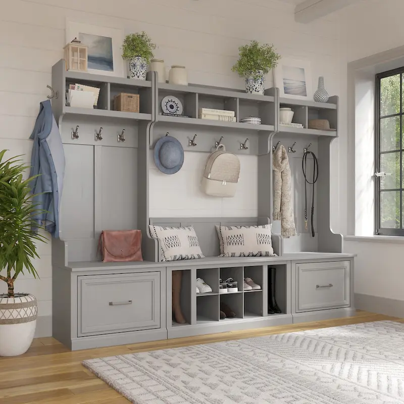 Full Entryway Storage Set with Coat Rack and Shoe Bench with Drawers