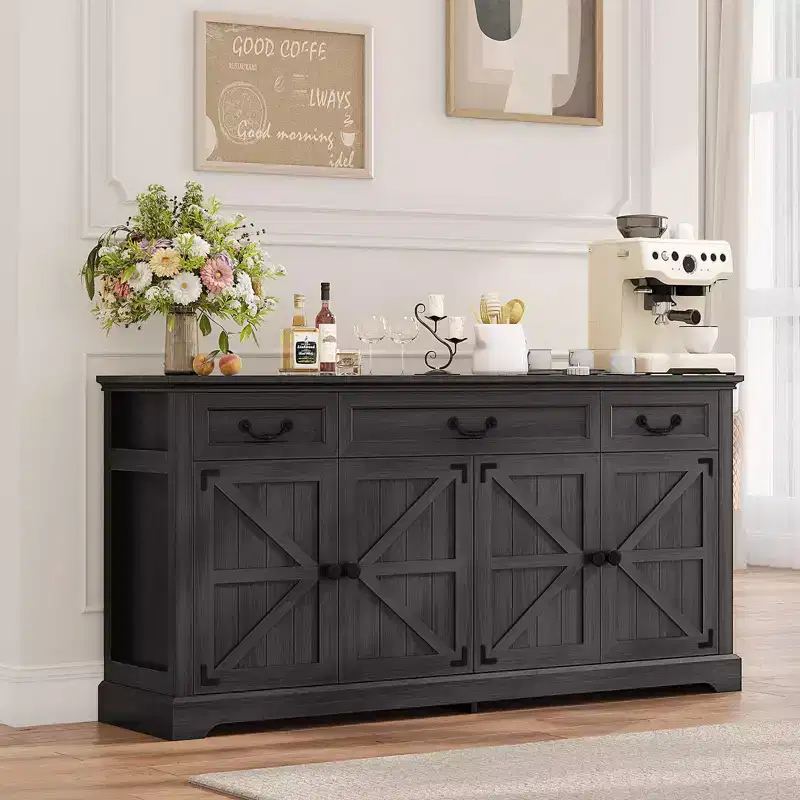 Dyonery 65 Inch Large Buffet Storage Cabinet with 3 Drawers and 4 Doors Coffee Bar Bar Cabinet, White/Gray.