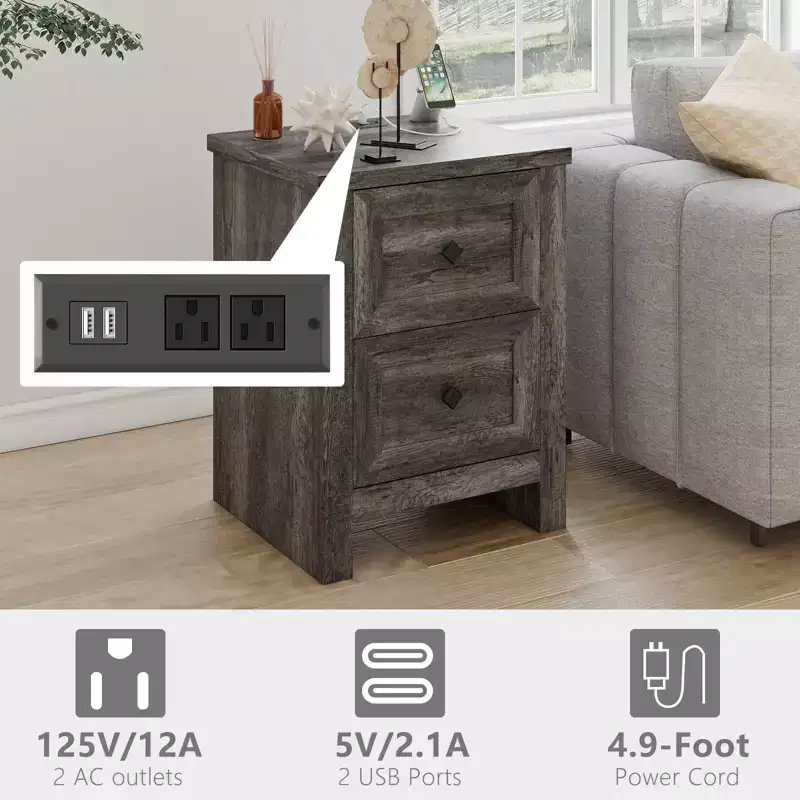 AMERLIFE Nightstand Set of 2 with Charging Station