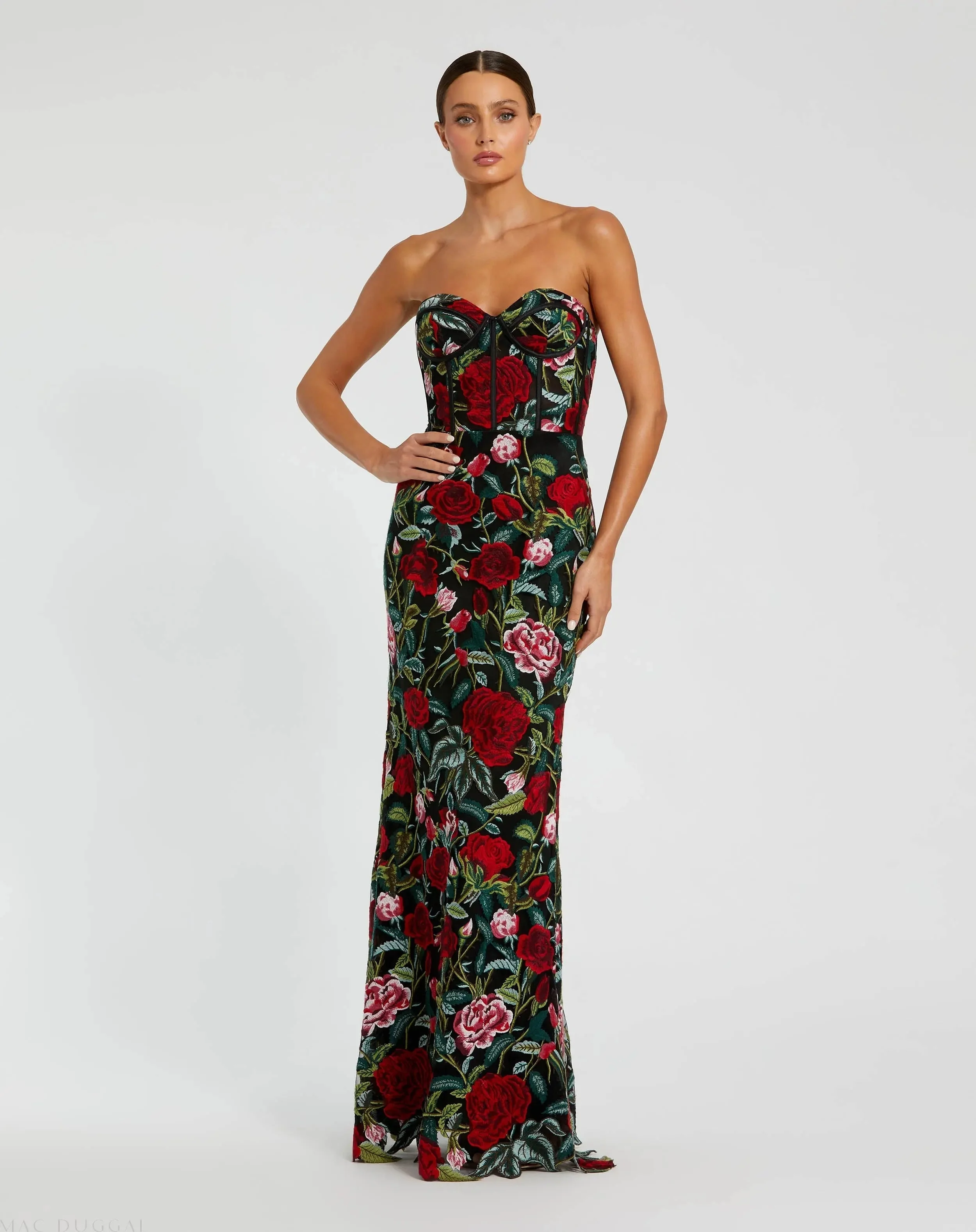 Black Sheer Bustier Top Floral Applique Gown