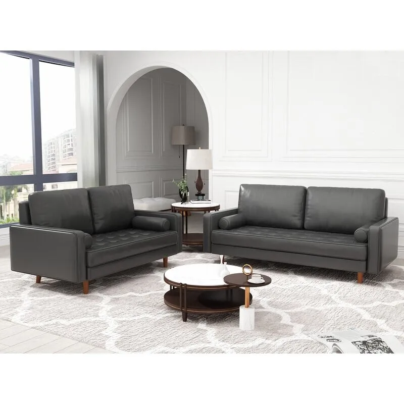 2 Piece Mid-Century Square Arm Leather Sofa Living Room Collection - Sofa Width:70 & Loveseat Width:58