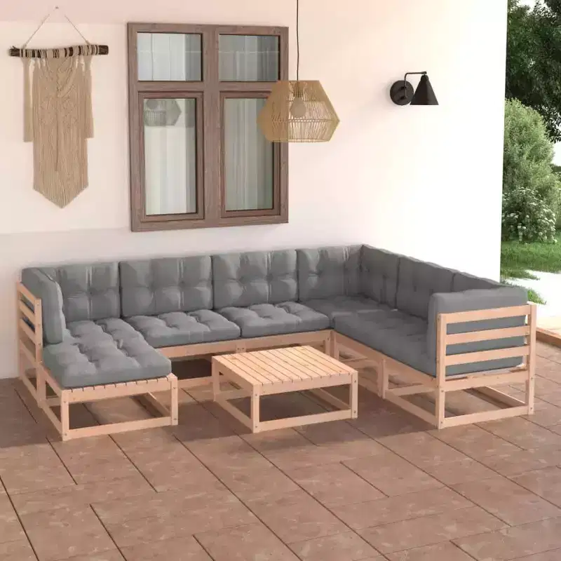 vidaXL Patio Furniture Set 8 Piece Outdoor Sectional Sofa Solid Wood Pine - Natural With Cushions
