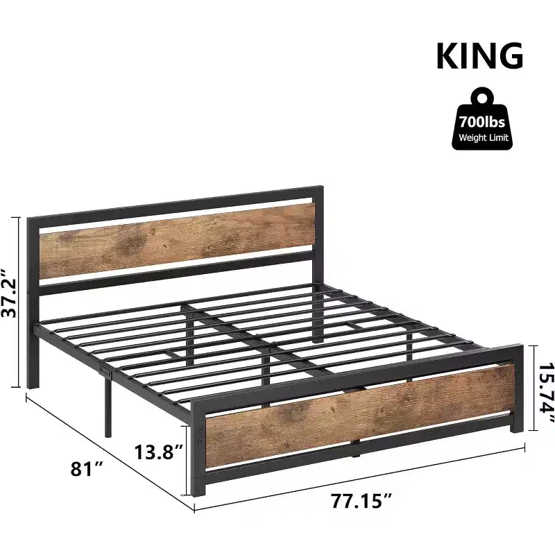 King Size Bed Frame with Headboard, No Box Spring Needed, 14 Platform with Storage, Retro Brown
