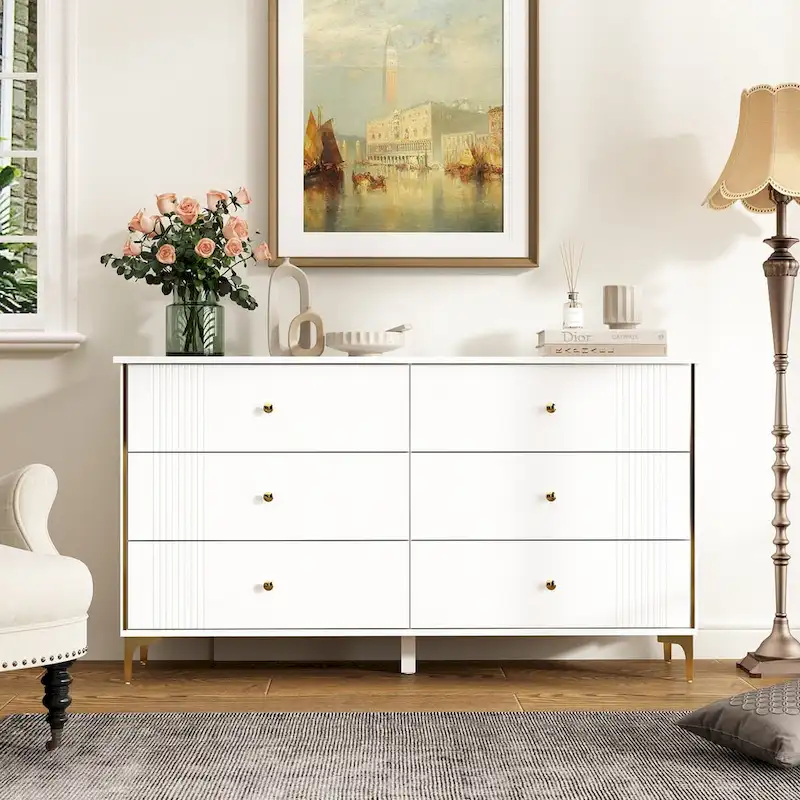 White Lacquer Dresser 6 Drawer Dresser with Metal Handle and Legs