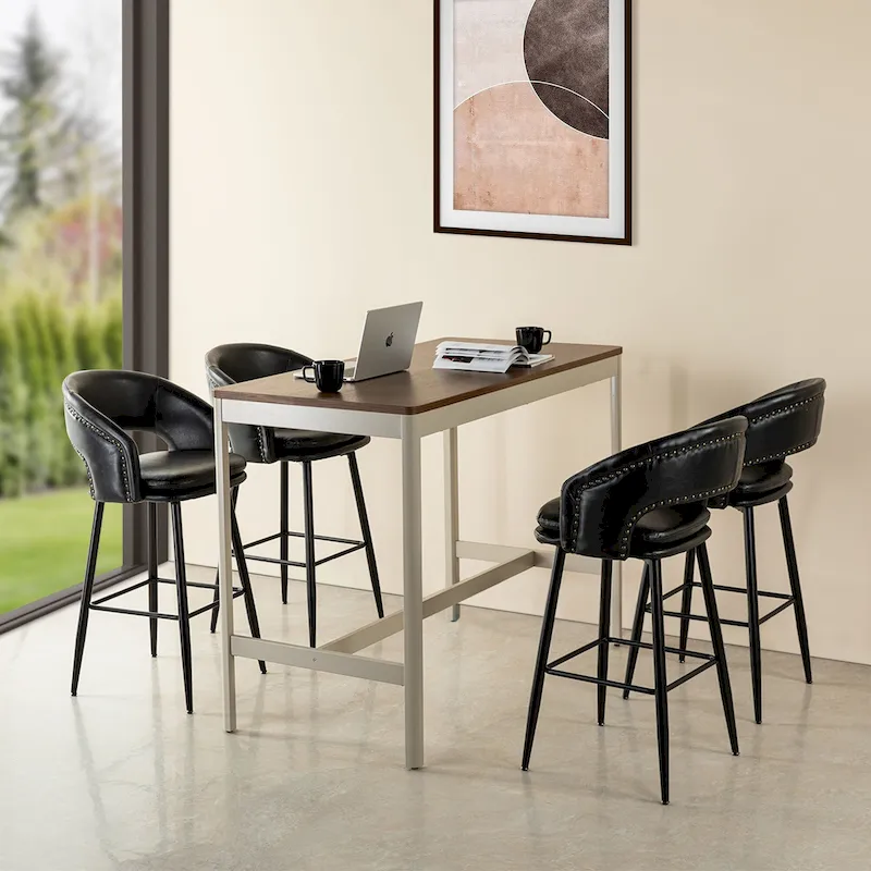 Mid-Century Modern Faux Leather Bar Stool with Nailhead Trim & Metal Legs – Black / Brown