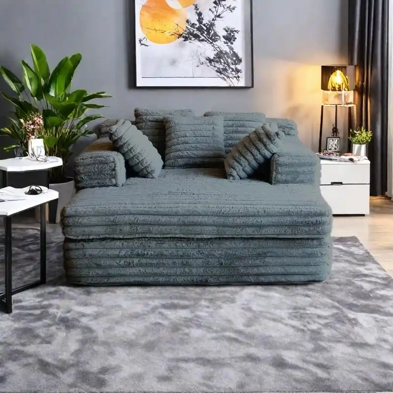 Grey / Beige Corduroy Chaise Lounge – Convertible Sofa Bed, 2 Pillows, Single