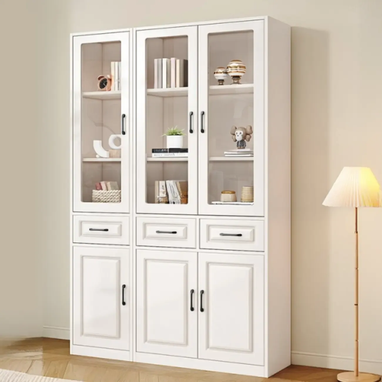 Rectangular White Wood Vertical Display Bookcase with Drawers