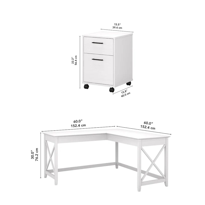 60W L Desk with 2 Drawer File Cabinet