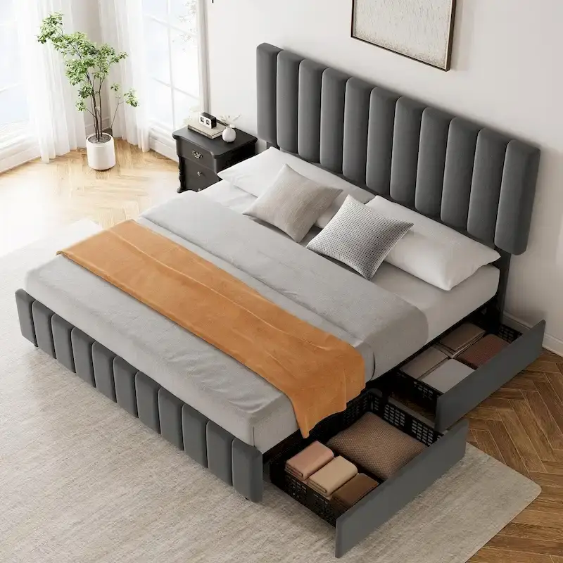 Platform Bed Frame with 4 Storage Drawers, Adjustable Headboard
