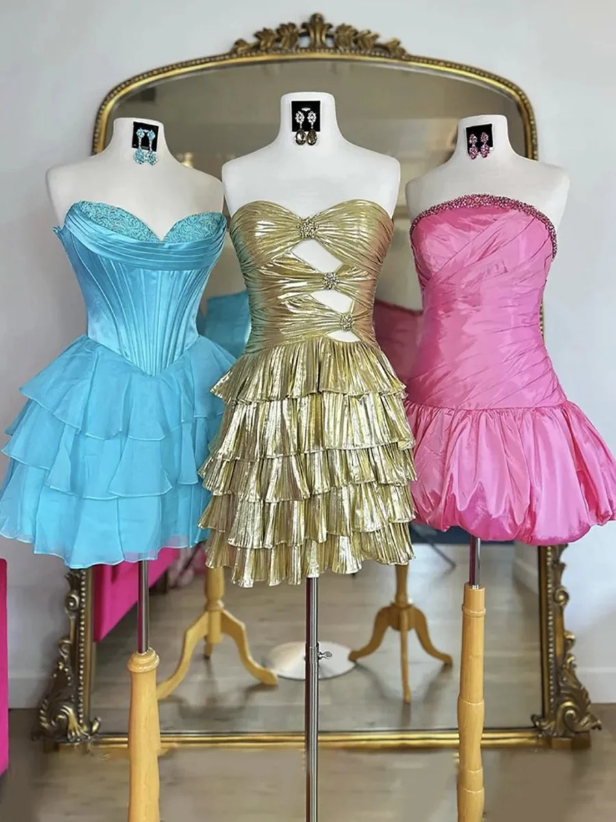 Gold - Strapless A Line Metallic Tiered Homecoming Dress With Beading