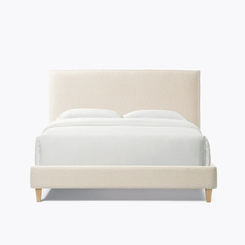 Queen Size Upholstered Platform Bed, Boucle Fabric, Velcro Noise-Reduction Straps, Cream White / Gray, 2-Person Use