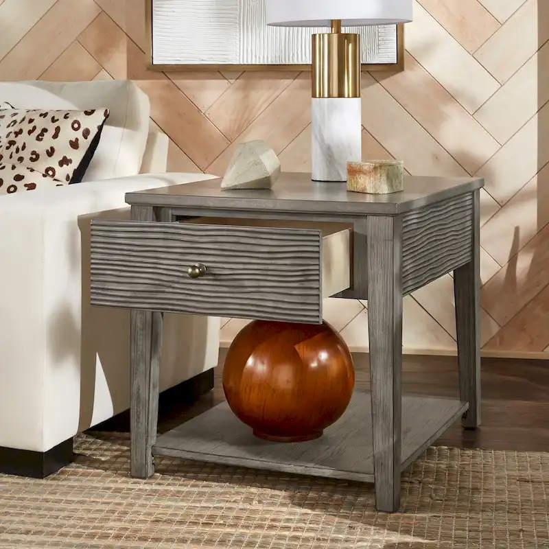 Grey Fiber Cement End Table with Drawer & Open Shelf – Antique Grey, Single
