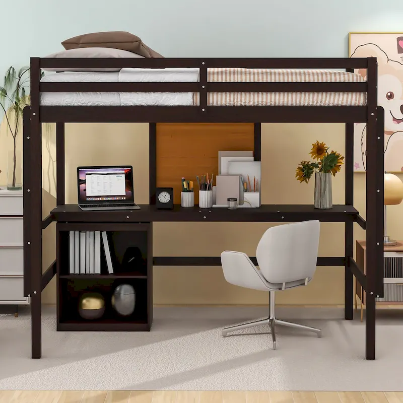 Wooden Twin Loft Bed with Desk