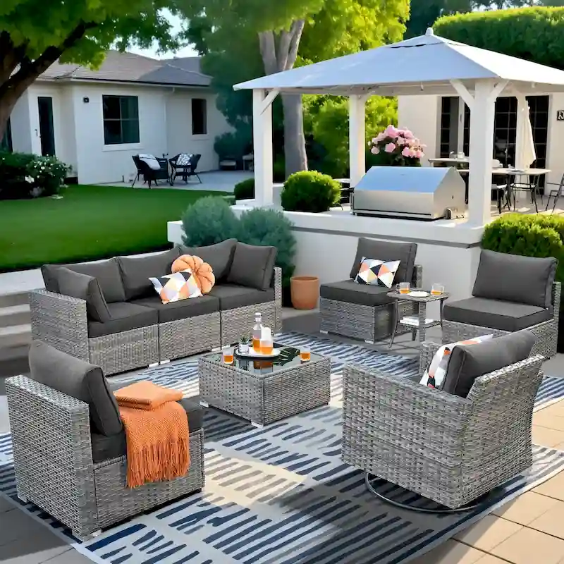 HOOOWOOO 9-piece Grey Wicker Patio Outdoor Sectional Set with Swivel Rocking Chair