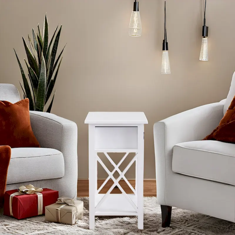 Space-Saving Wooden Side Table with Storage Drawer and Spacious Compartment