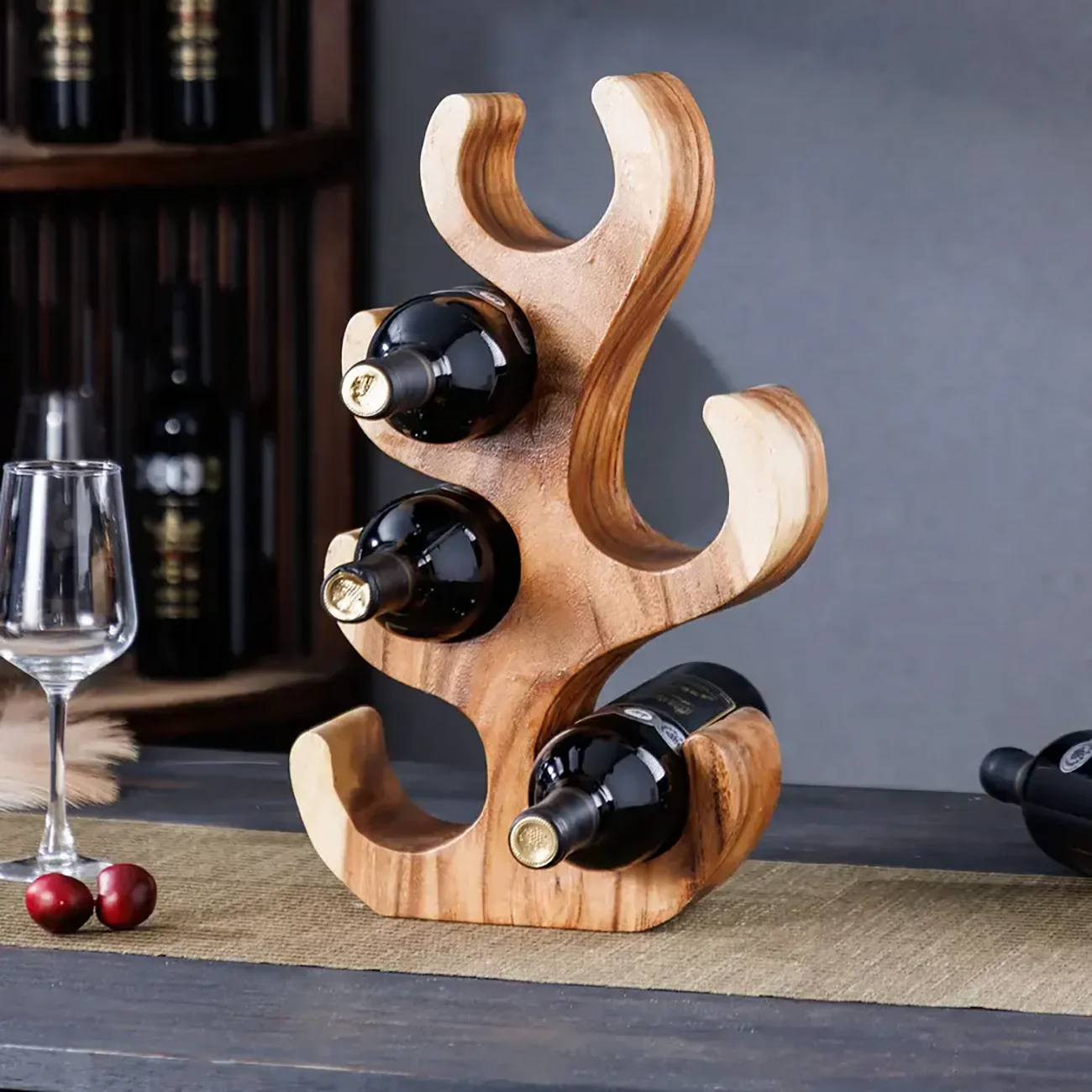 Solid Wood Tree Design Handcraftd Wine Rack Table Top