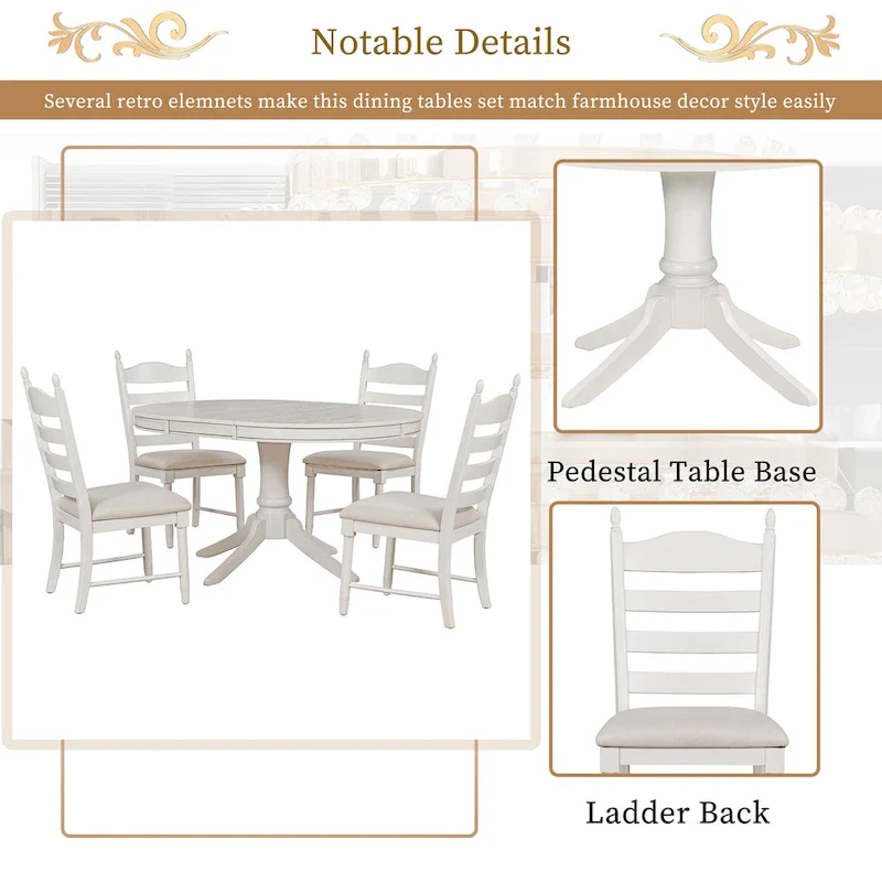 5 Piece Round Dining Table Set, Solid Wood Kitchen Table and Chair Set with Extendable Table and 4 Upholstered Chairs