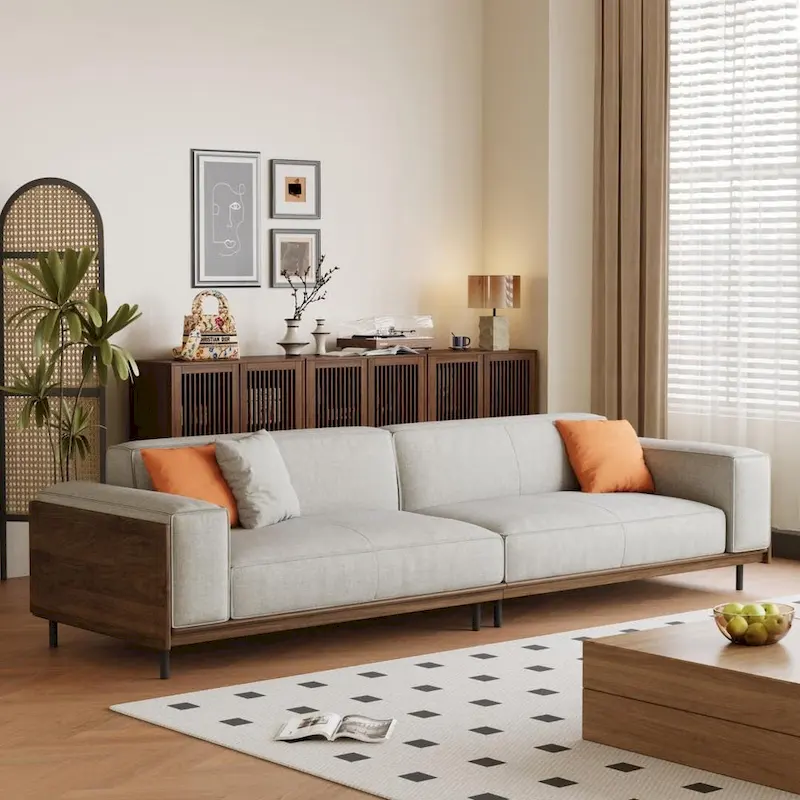 4-Seater Sofa Mid-Century Modern Cotton Linen Walnut Removable Covers High-Density Foam Gray