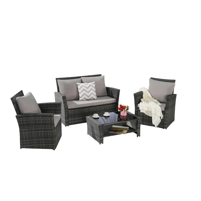 4-Piece Rattan Conversation Sofa Set with Glass Table