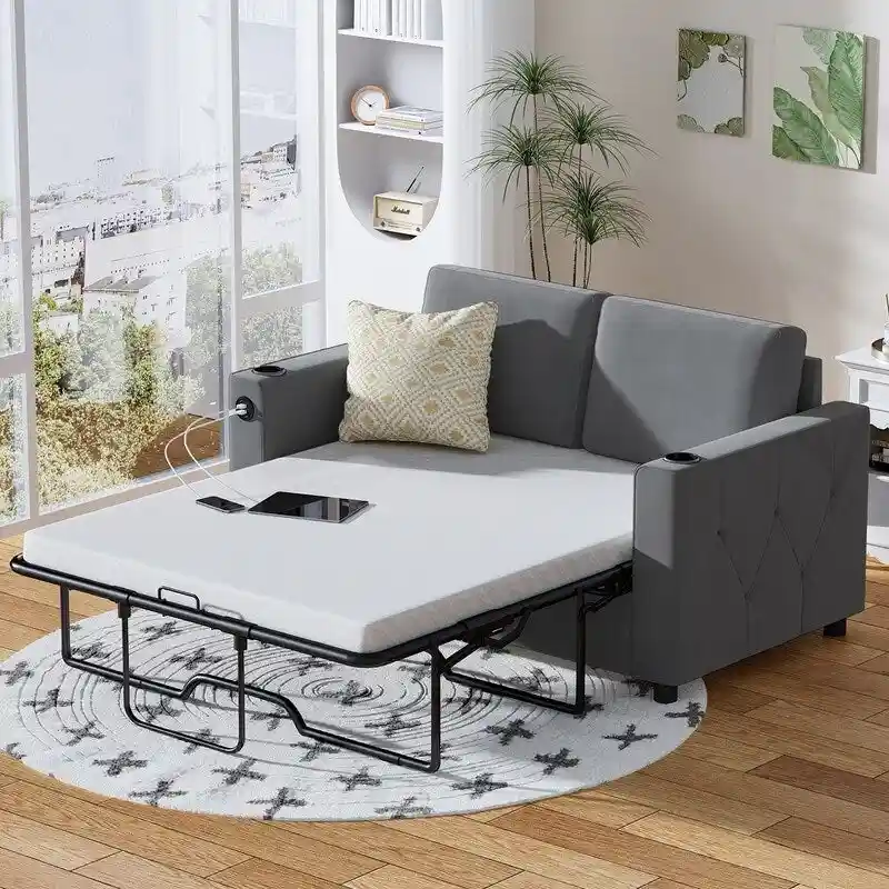 Dark Grey / Beige 2-Seat Pull-Out Sofa Bed, Full/Queen Size, 2-Person