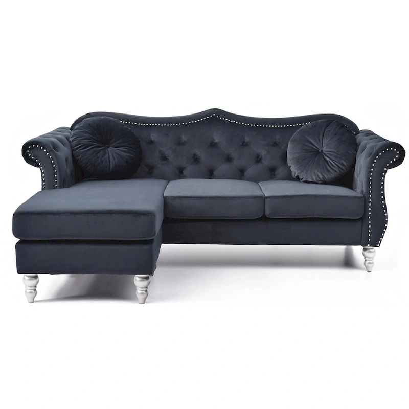 Hollywood 81 in. Velvet Chesterfield Sectional Sofa with 2-Throw Pillow - 81L x 35W x 34H