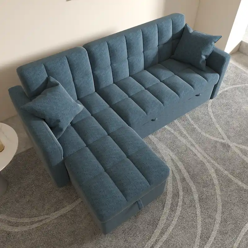 Blue / Green / Light Grey L-Shaped Pull-Out Sectional Sofa Bed, Seats 3
