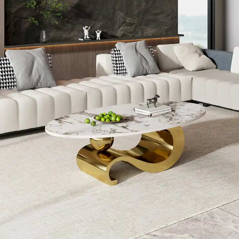 Gold & Stone Oval Sintered Stone Top Coffee Table with Gold Stainless Steel Base - Single Use