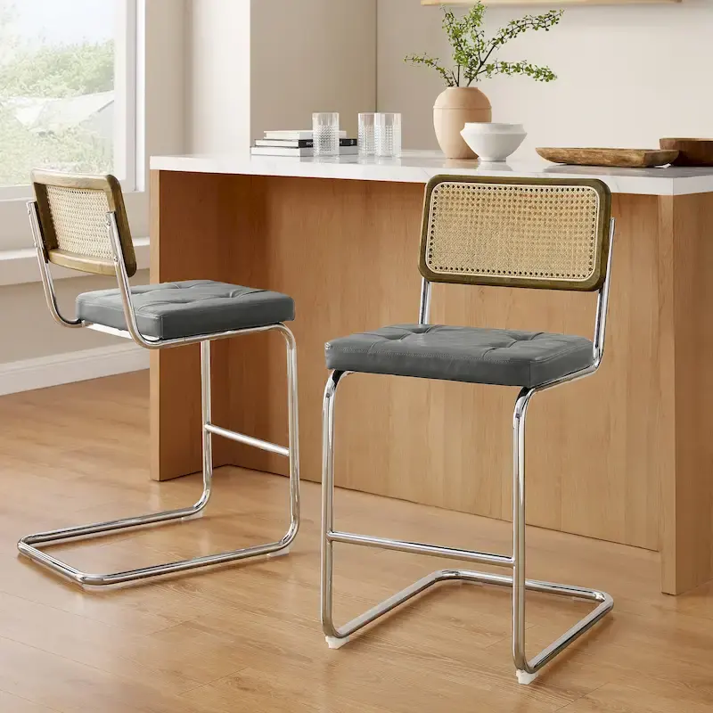 Grey/Off-White/Brown/Olive/Orange/Green, Faux Leather & Rattan, Counter Stool, Set of 2