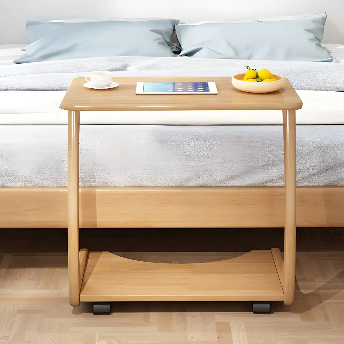 Walnut C-Shaped Side Table With Casters