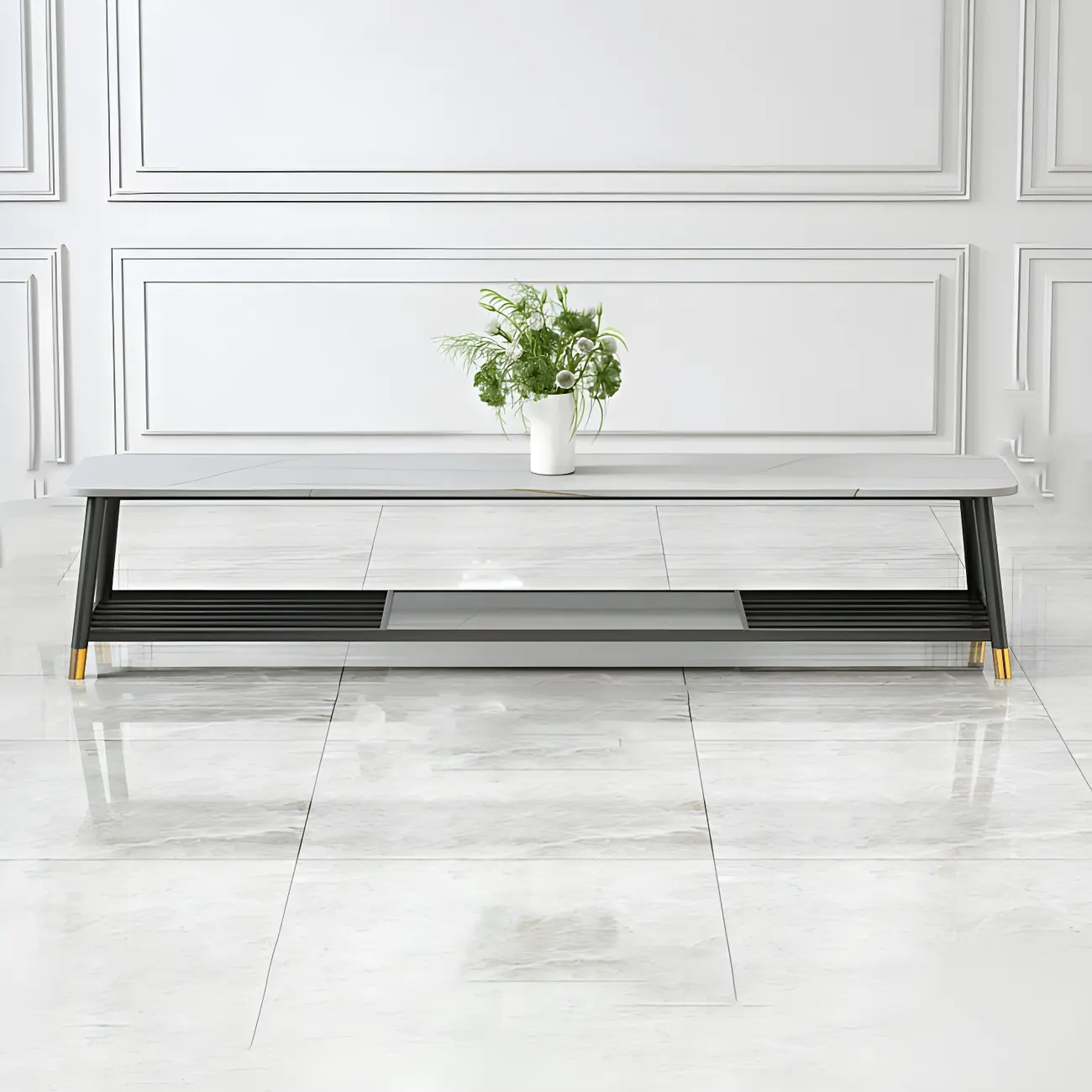 Modern White Stone TV Stand with Open Shelving