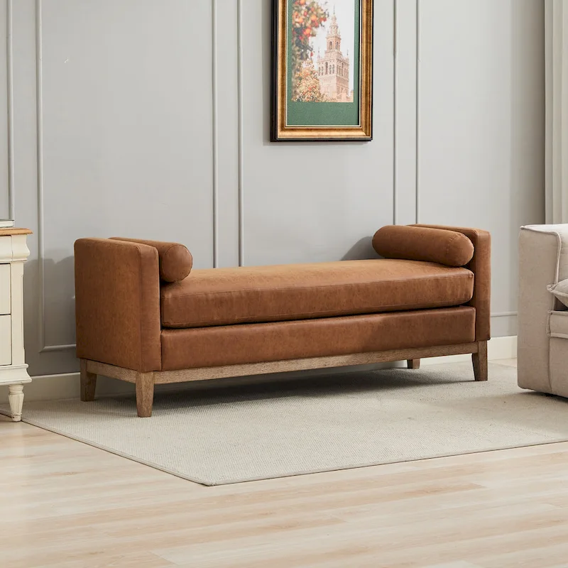 66.34W Elegant Upholstered Bench, Daybed, Ottoman with Wood Legs & 2 Bolster Pillows for End of Bed, Bedroom, Living Room