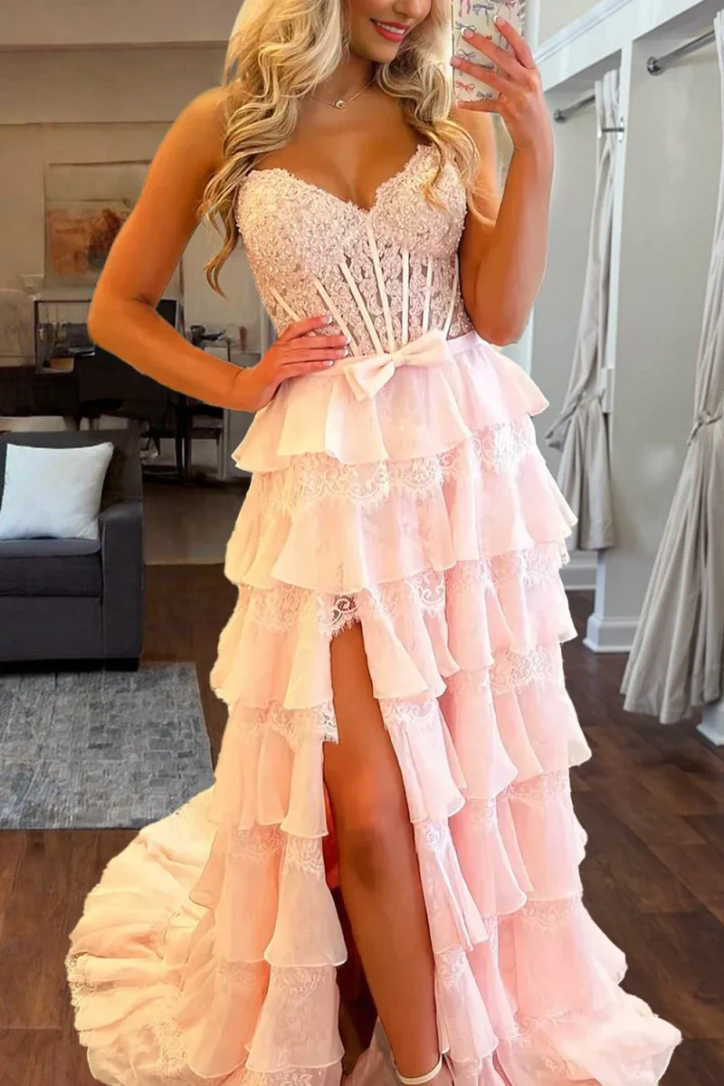Pink - Strapless A Line Chiffon Tiered Prom Dresses With Bow