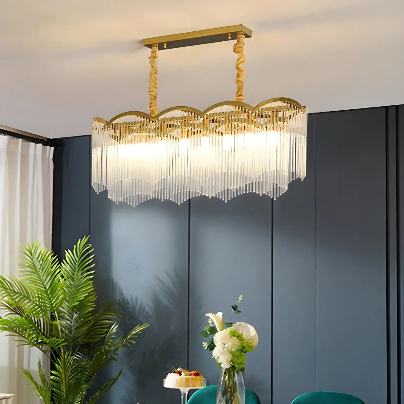 Gold Fluted Crystal Chain Chandelier for Dining Room