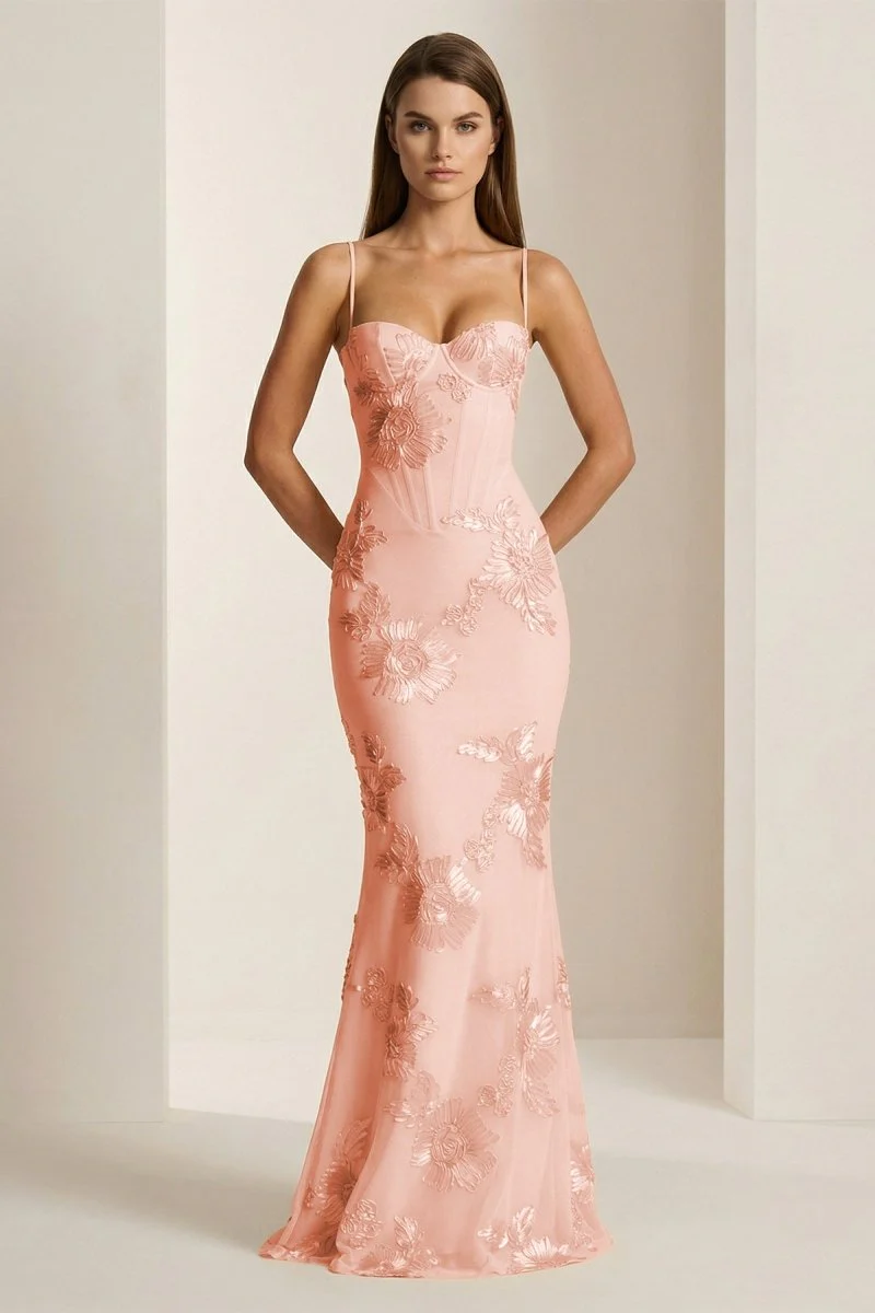 Yellow Spaghetti Straps Sheath Long Prom Dresses With Floral Embroidery