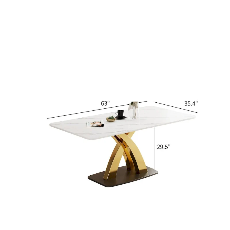 Modern White Rectangular Dining Table,Sintered Stone top,Gold X-Shaped