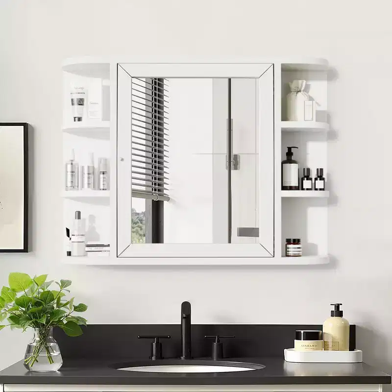 PexFix 31.5 x 23.6 Wooden Bathroom Medicine Cabinet with Mirror Wall Mirror Storage Cabinet with Doors and 6 Open Shelves for Over Sink White