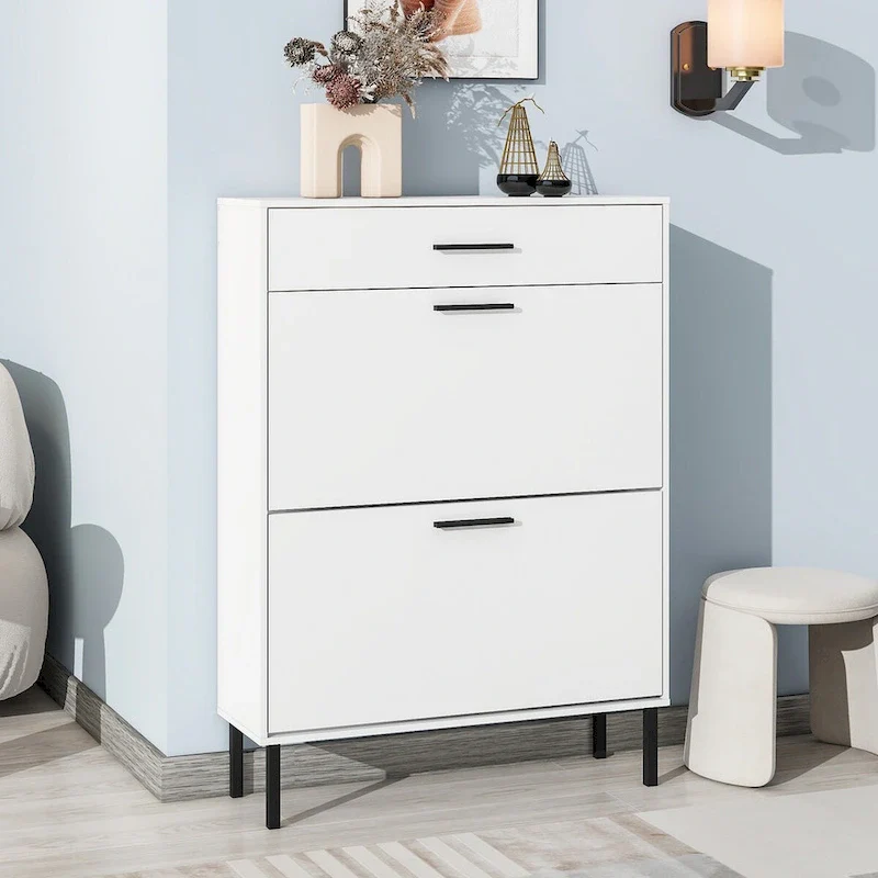 White Freestanding Shoe Cabinet with 2 Flip Drawers & Metal Legs