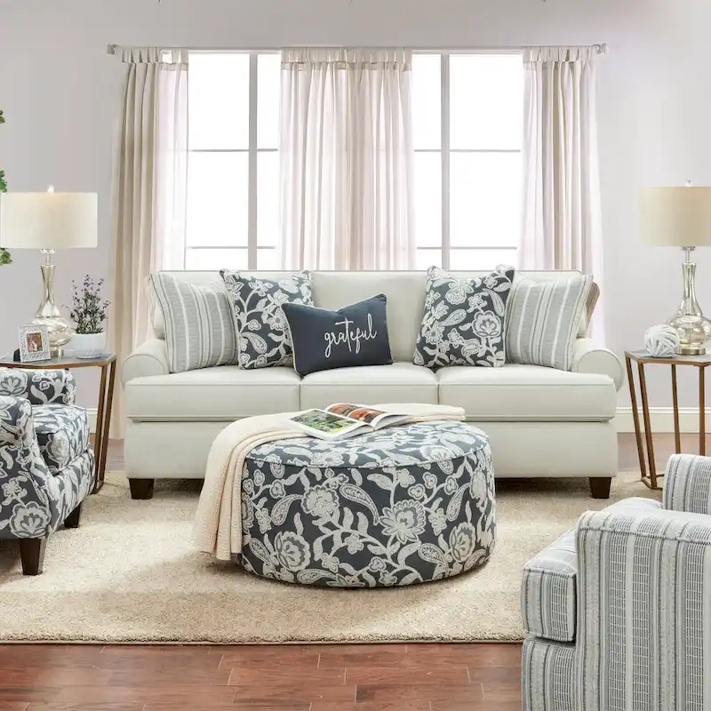 Chestnut Transitional Round Ivory Chenille Cocktail Ottoman